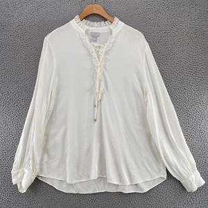 Chicos Top Womens 2 US Large White Sandwashed Satin Ruffle Blouse Long Sleeves - Picture 1 of 11