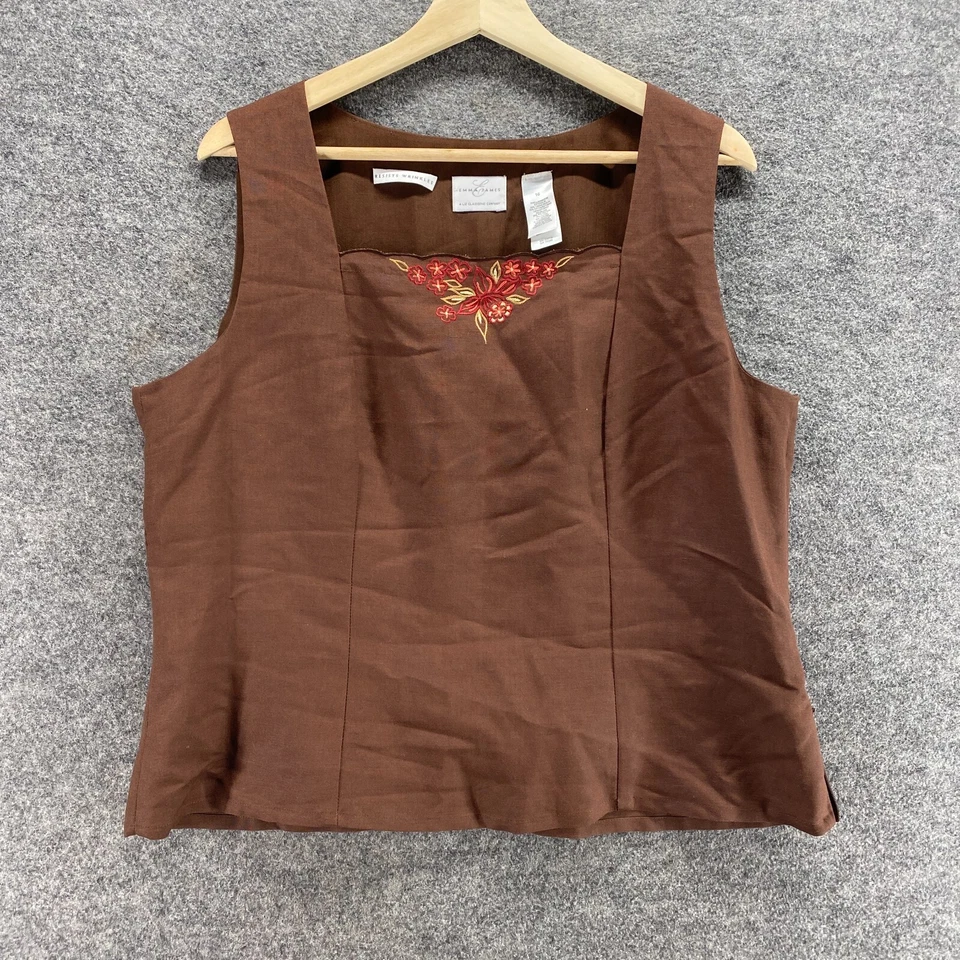 Emma James Blouse Women 16 Plus Brown Floral Embroidered Linen Square Neck Lined - Image 1 of 4