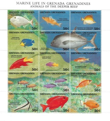 Grenada Grenadines Scott 1356 vida marina en estado bastante bueno MNH hoja miniatura 1991 peces Foto 1 de 4