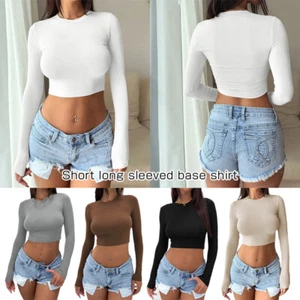 Womens Tight T-Shirt Versatile Short Style Long Sleeve Solid Base Shirt Crop Top - Picture 1 of 28