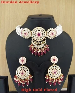 Indian Kundan Jewelry Choker Necklace Bollywood Ethnic Gold Plated Choker Set - Picture 1 of 1
