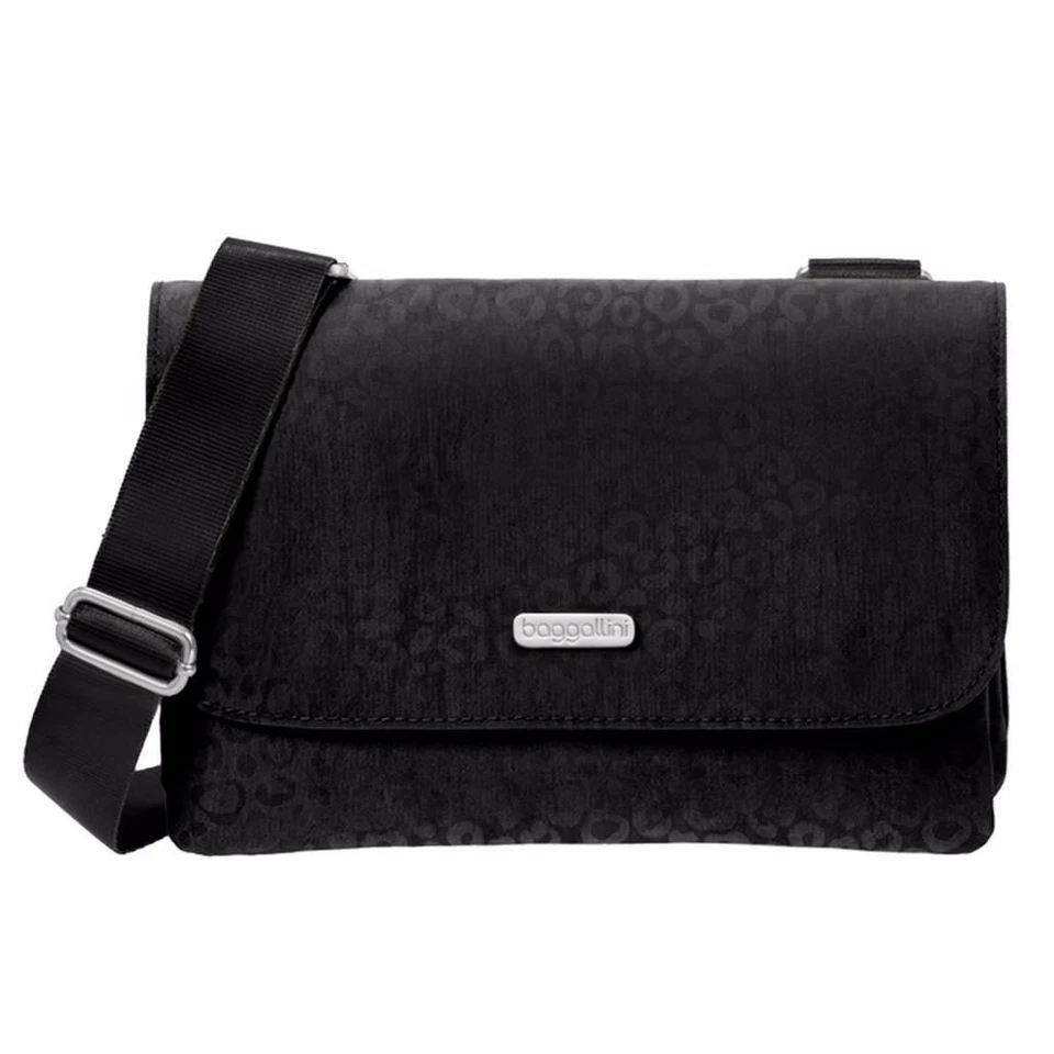 baggallini Venture Crossbody Bag Black Cheetah With Sand Lining