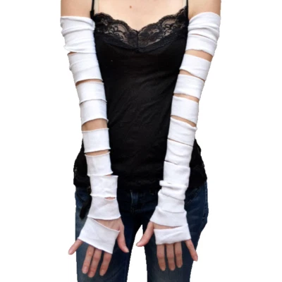 White Long Arm Warmers Cotton Gloves Ripped Torn Cut Out Covers Mummy Sleeves - Image 1 of 2