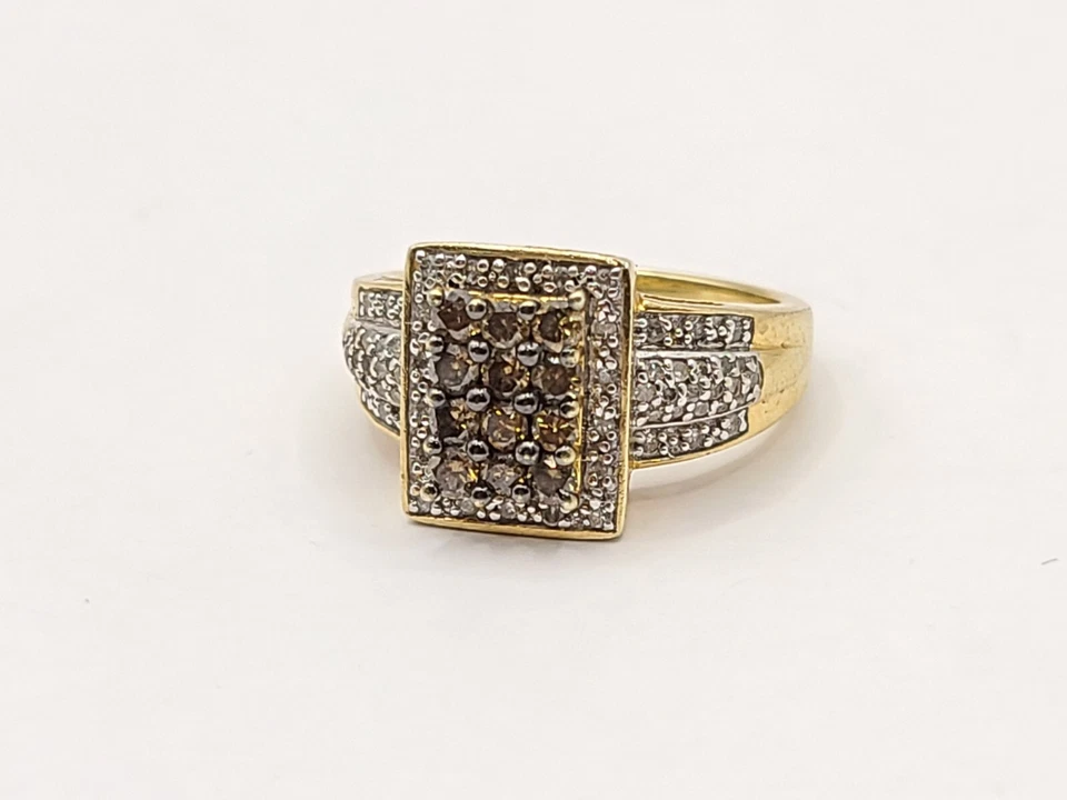 Anillo chapado en oro amarillo con piedras preciosas simuladas marrón y blanco 925 talla 6,75 Foto 1 de 4