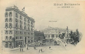 GENOA, ITALIA - HOTEL BRITÁNICO - TRANVÍAS - CALLE OCUPADA - VISTA DE POSTAL ANTIGUA - Imagen 1 de 2
