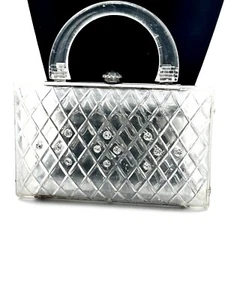 BOLSO LUCITE MANGO PLEGABLE PEDRERÍA TALLADO DIAMANTE TRANSPARENTE RARO AÑOS 50 - Imagen 1 de 8