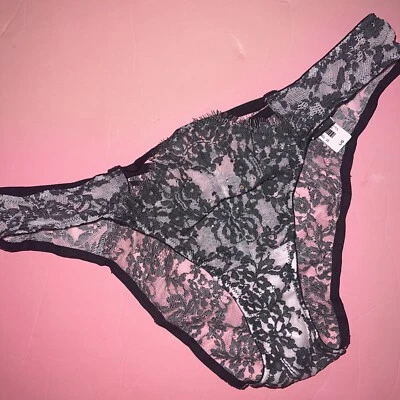 Victoria's Secret L Panty Negro Gris ENCAJE ROSA Floral Malla Cristal MUY SEXY Foto 1 de 4