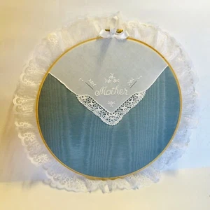 Handmade 10” Mother’s Day Hoop Art/Wall Decor, Porcelain Blue Moire Fabric - Picture 1 of 5