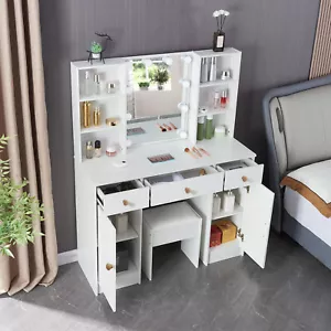 Led Lighted Vanity Set with Mirror Makeup Dressing Table 3 Drawer Cabinet Stool - Picture 1 of 14