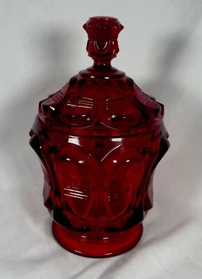 Ruby Red Glows Fenton Glass Candy Dish Vintage Barred design Jar  w/ Lid - Image 1 of 4