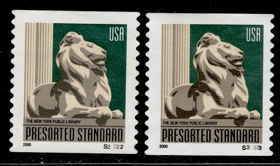 U.S. #3447 NY Public Library Lion (2000) PNC singles P#S22222, S33333 USED - Image 1 of 1