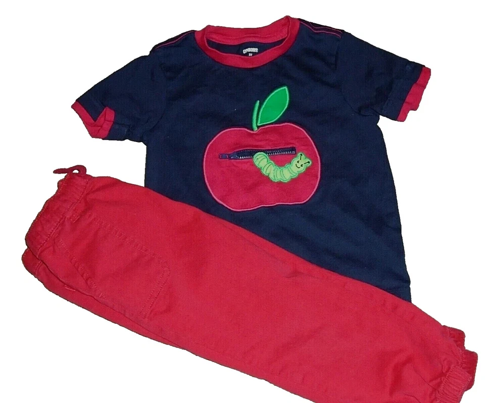 8P GYMBOREE Talla 3 Niños Apple WORM Camisa y Rojo Pull On Jogger Pantalones Conjunto Foto 1 de 4