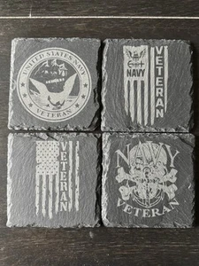 Navy Military Veteran Slate Coasters Laser Engraved Set Of 4 - Picture 1 of 6