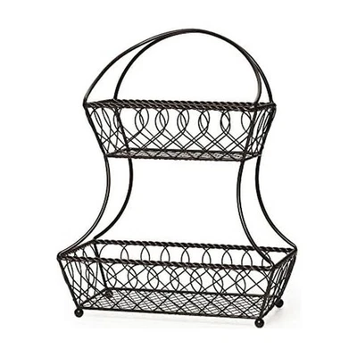 Loop and Lattice 2-Tier Flatback Metal Fruit Basket, Antique Black - Image 1 of 4