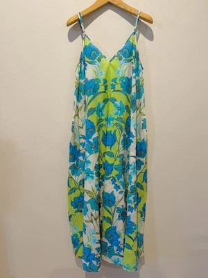 高级嬉皮长裙 M 全棉花卉印花蓝色波西米亚旅游度假村游轮 — 第 1/4 张图片