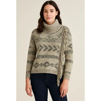 Suéter Lucky Brand Para Mujer M Gris Fair Isle Cuello Alto Flecos Tejido Pullover Foto 1 de 4
