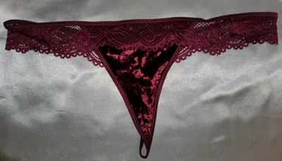 Vintage Frederick's of Hollywood Velour Thong Panties w Lace Burgundy XL 38-40 - Image 1 of 4