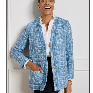 Cardigan donna Talbots taglia 16 tweed senza colletto blazer giacca blu PInk Coatigan - Foto 1 di 10