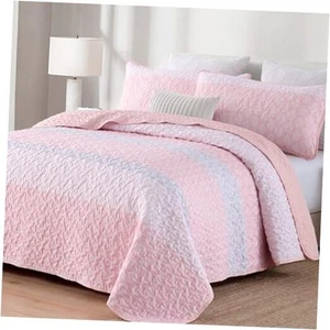 Boho Quilt Set King Size Pink Bohemian Quilt Bedding Set Striped Lightweight - Picture 1 of 8