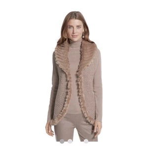 Chico's Größe 2 Pullover Weste braun Fellbesatz Metallic Schimmer Wolle 12 Large - Bild 1 von 11