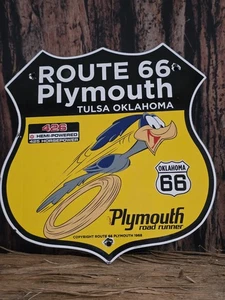 VINTAGE 1968 PLYMOUTH ROUTE 66 OKLAHOMA ROADRUNNER PORCELAIN SIGN 11"×12" - Picture 1 of 4