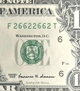 Binary Radar Repeater Fancy Serial Number Quad 2s & 6s One Dollar Bill 1999 Unc - Picture 1 of 9