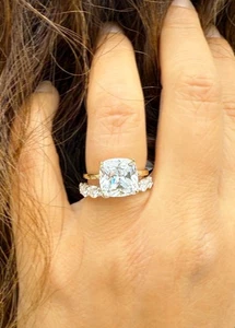 Cushion Cut Moissanite Engagement Ring And Band 14k Solid Yellow Gold 6.00ctw - Picture 1 of 14