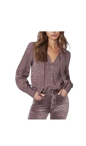 Paige Women Blouse S Truffle Purple Cleobelle Leopard Print Texture Tie Silk NWT - Picture 1 of 24