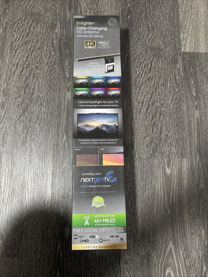 GE HD TV Full 1080p & 4k Antenna W/LED Color Changing Light-45 Mile Range