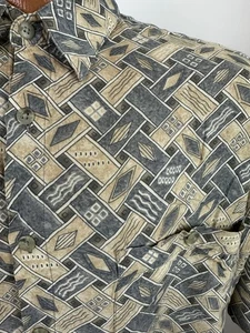 Vintage 90s Geometric Shirt Men L Tight Button Up Basket Weave Hawaiian Rayon - Picture 1 of 14
