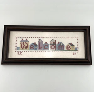 1984 Welcome Wood Framed Under Glass Cross Stitch Country Cottagecore 12x5.5" - Picture 1 of 8