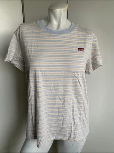 Levi’s women’s size Large retro blue/yellow short sleeve T-shirt ringer striped - Picture 1 of 4
