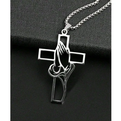 Collar Colgante Cruz Acero Inoxidable Manos Rezantes Religioso Hombre Cadena Plata Foto 1 de 4