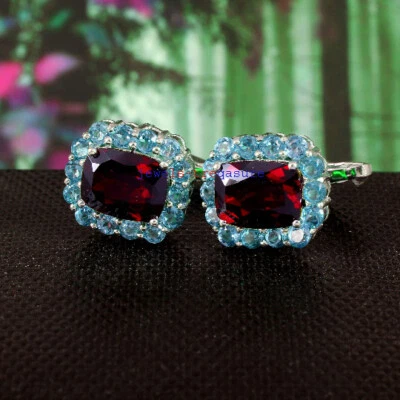 Granada natural e pedras preciosas de topázio azul com abotoaduras de prata esterlina 925 #456 - Imagem 1 de 3