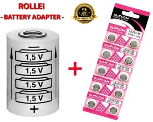 ROLLEI 35 LED, A110, 35 TE, 35 SE. Battery Adaptor + 10 (LR43,AG12) Batteries - Picture 1 of 5
