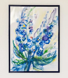Blaue Blumen Aquarell original Malerei Gemälde Susanne Werner 40x30cm mit Rahmen - Bild 1 von 5