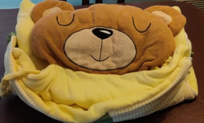 TEDDY BEAR SLEEPING BAG BLANKET YELLOW STRIPE 43X26 SOFT BEAR HEAD PILLOW - Image 1 of 4