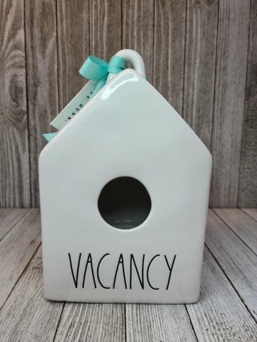 NWT Rae Dunn Magenta Square Home Birdhouse “VACANCY” Aqua Ribbon Cover