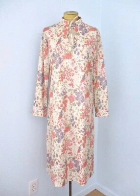 Vtg 70s Beige Red Blue Floral Poly Knit Secretary Sheath Dress Tied Keyhole L/XL - Image 1 of 4