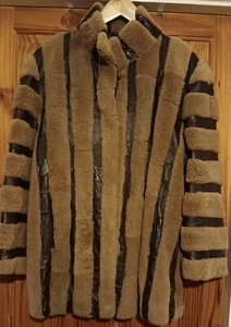 Rare Vintage BULGARIAN Shearling Leather STRIPE Coat JACKET 70s Does 40s 42"b 14 - Picture 1 of 15