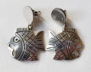 Vintage Sterling Silver Taxco TR-142 Figural Fish Post Dangle Earrings Signed - Picture 1 of 7