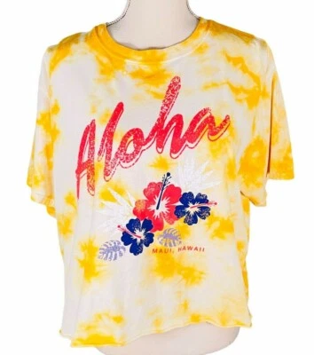 Mighty Fine Top Womens Size 2X Tie Dye Crop White Yellow Aloha Floral Mau Hawaii — 第 1/4 张图片