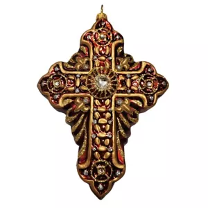 Jim Marvin Byzantine Cross Polish Glass Ornament Red Glitter Poland Christmas 6" - Picture 1 of 9