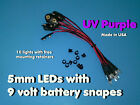 10 pièces 5 mm LED UV VIOLET PREWIRED 9 VOLTS EAU CLAIRE LED SUR BATTERIE SNAPS 9V 