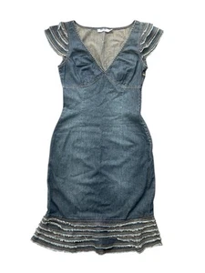 Moschino Jeans Dress Denim Knee Length Ruffled Cap Sleeve Blue U.S 6 U.K. 8 - Picture 1 of 22