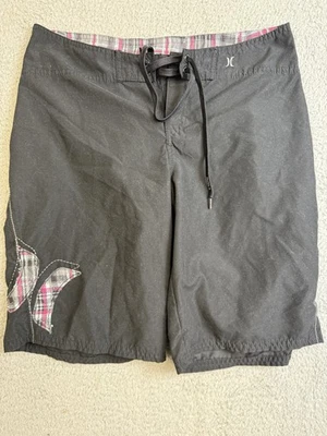 Pantalones Cortos de Board Hurley para Mujer 5 Bañadores Negro Rosa Borde a Cuadros Surf Cordón Foto 1 de 4