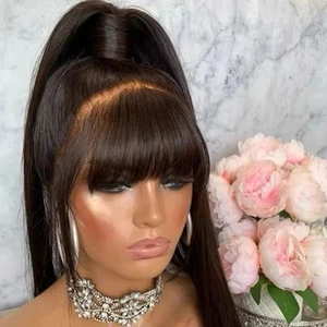 Straight Lace Front Wig With Bangs Fringe Human Hair Wigs Women’s Wig - Picture 1 of 8