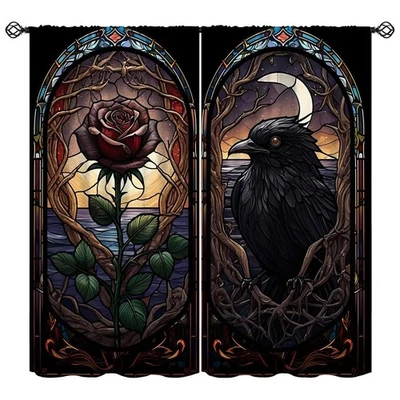Cortinas de vitrales con flores de rosa, cuervo pájaros paisaje abstracto gótico bohemia... Foto 1 de 4