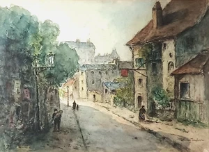 LARGE EUROPEAN STREETSCAPE ORIGINAL WATERCOLOR SIGNED VINCENT TEMPLIER FRAMED - Picture 1 of 8