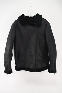 BooHoo Man Mens Black Full Zip Faux Leather Shearling Moto Jacket Size L - Picture 1 of 6